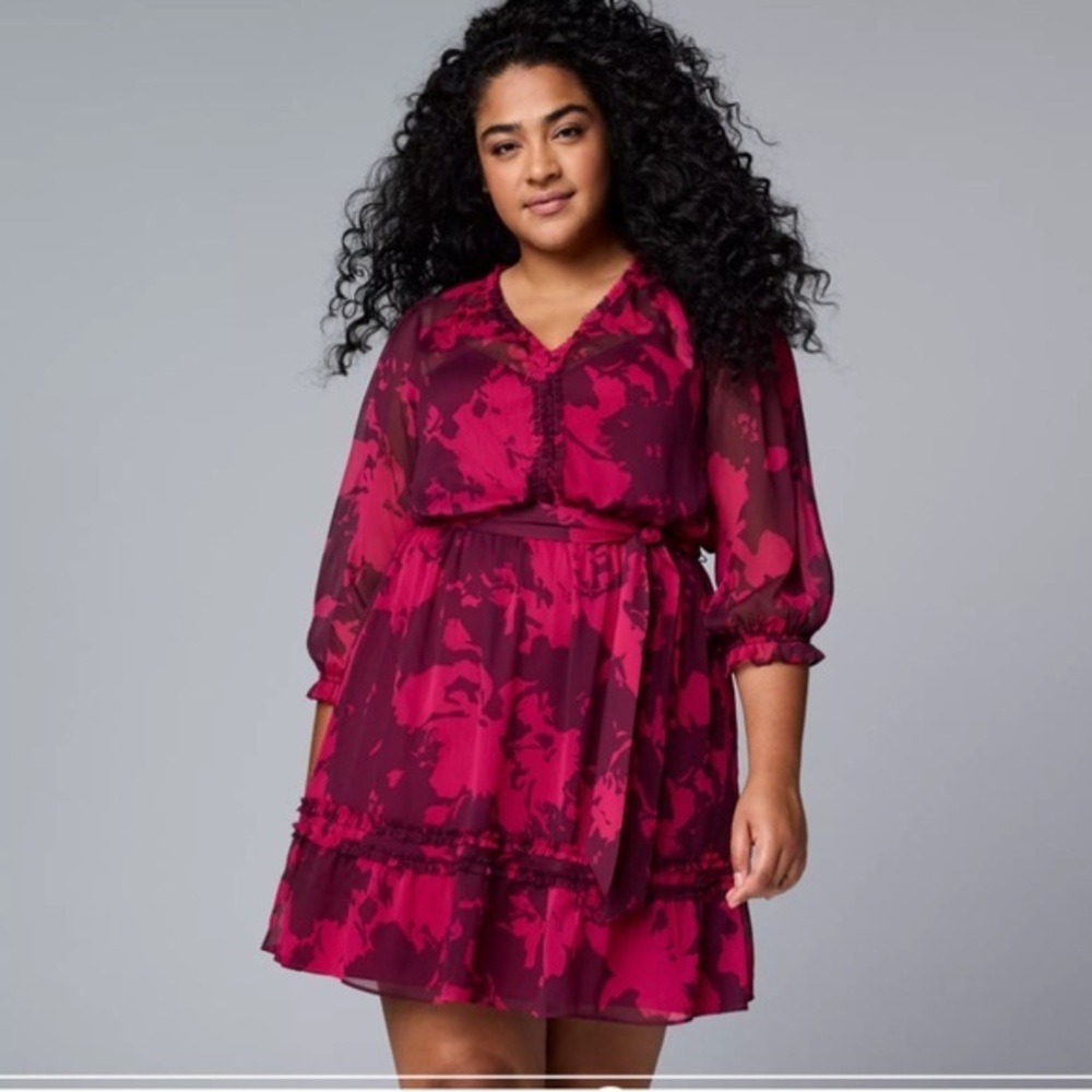 Simply Vera Vera Wang Red Burgundy Floral Long Sleeve Mini Dress